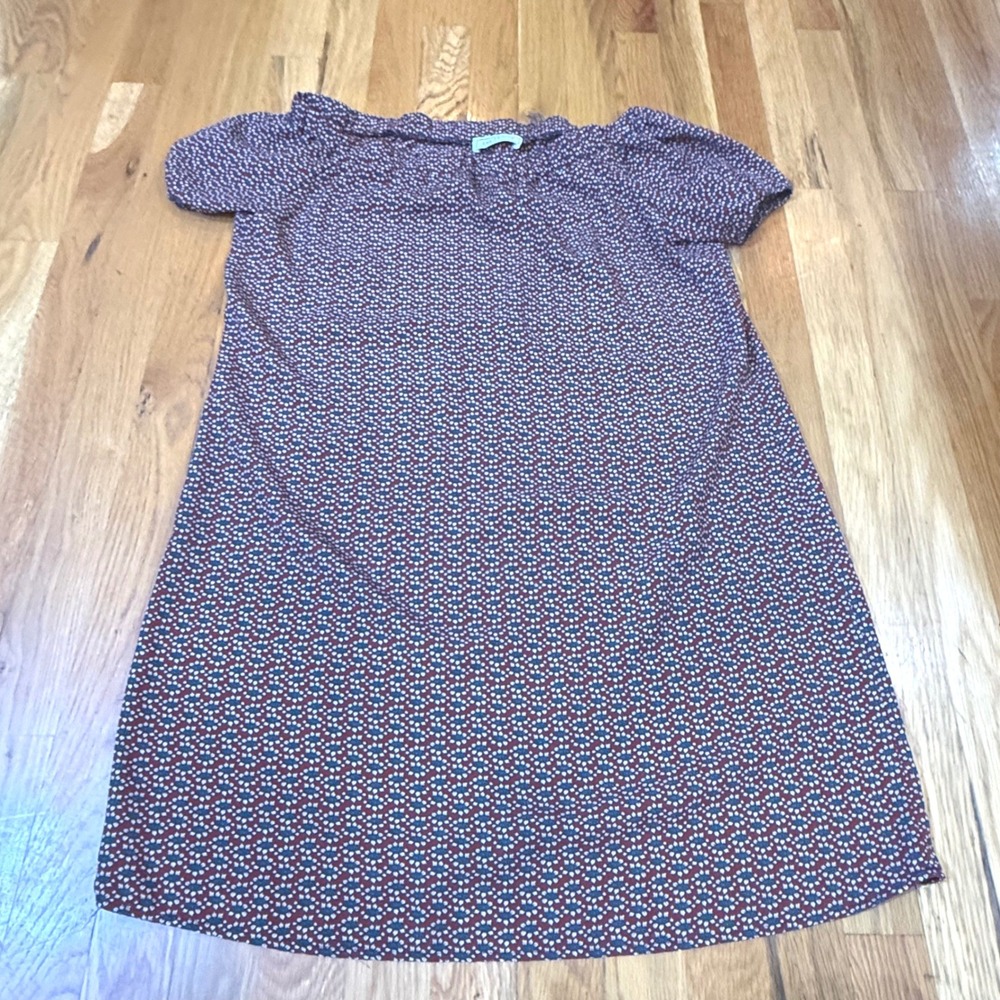 Ces Femme Burgundy Geometric Floral Eye‎ Print Shift Dress Short Sleeve Size M